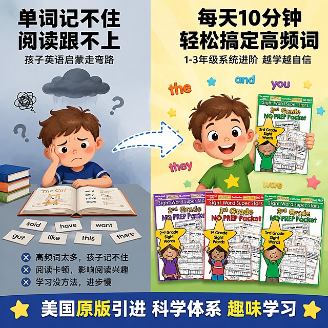 [主图-2] 美国原版Sight Word Super Stars高频词练习册 痛点与学习目标激发兴趣主图
[氛围风格] 童趣活泼教育风，左右对比式构图，左侧痛点共鸣右侧解决方案
[画质] 商业插画质感，色彩明亮通透，练习册清晰真实，画面干净有层次
[元素] 画面左右分栏对比布局。左侧上半部分：一个皱眉的卡通小男孩坐在书桌前，面前摊着英语课本，头上有问号和乌云，旁边散落着不会读的单词卡片，表现孩子英语单词记不住、阅读困难的痛点；左侧下半部分写痛点文案。右侧上半部分：同一个小男孩开心地举着星星练习册，周围飘着彩色单词和小星星，笑容灿烂，表现学习后的进步；右侧下半部分放1-3年级三本练习册封面错落摆放。背景左侧浅灰蓝色调、右侧明亮黄绿渐变，中间用虚线箭头连接左右。练习册封面外观与输入产品图绝对一致，杜绝变形色差。练习册占右侧画面约50%。
[光影] 整体明亮柔光，左侧略暗营造困惑感，右侧明亮通透营造快乐学习氛围，练习册有自然投影
[配色] 左侧痛点区灰蓝冷色调，右侧解决区明亮黄+活力绿暖色调，对比强烈；练习册本身红紫绿三色点缀
[视角构图] 平视正面构图，左右对称对比式布局，中间箭头引导视线从左到右，景深中等
[文字版式] 左侧上方大标题两行粗黑体："单词记不住""阅读跟不上"，下方小字"孩子英语启蒙走弯路"；右侧上方大标题两行粗黑体："每天10分钟""轻松搞定高频词"，下方小字"1-3年级系统进阶 越学越自信"；底部通栏写"美国原版引进 科学体系 趣味学习"。所有文字放在负空间，不遮挡人物和练习册主体，文字清晰可读
[输出要求] 1:1比例，2K分辨率，文字清晰锐利，画面超高清
[负向提示词] 变形，文字错乱，练习册模糊，背景杂乱，水印，电商平台Logo，人脸畸形，颜色偏差