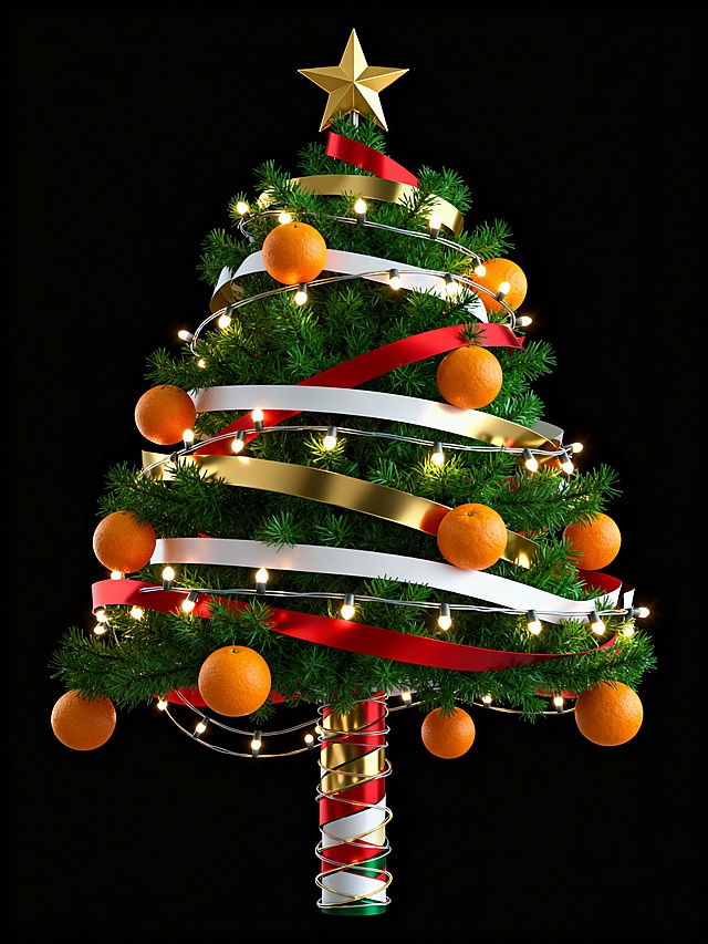 3D重拟物风格圣诞树，鎏金金属质感装饰，红白金丝带缠绕，橙果点缀，光影璀璨，喜庆十足，节日氛围浓郁。