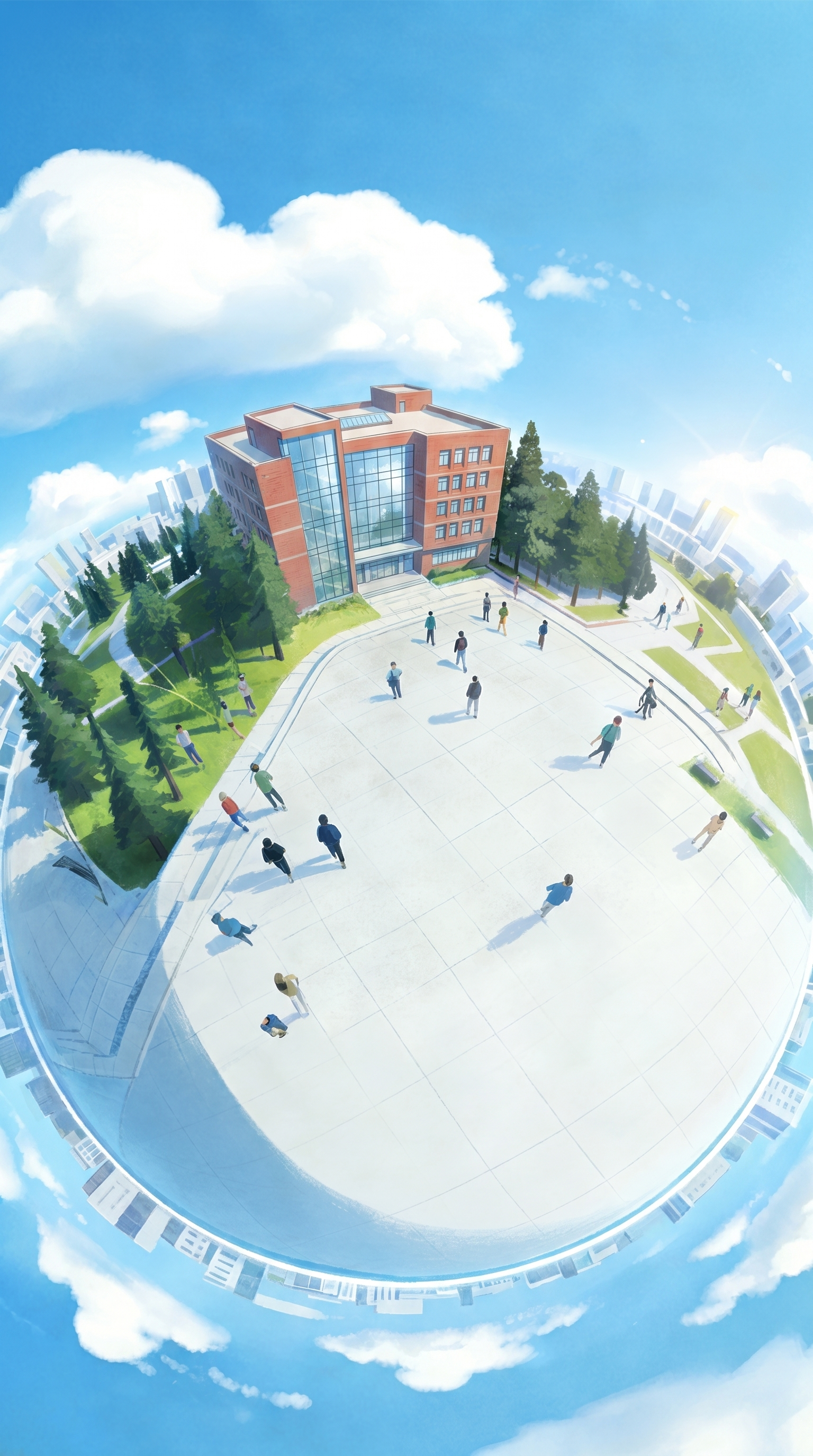将图二中的拱门建筑替换为图一中的现代玻璃红砖教学楼建筑，保持图… - 图片创意预览