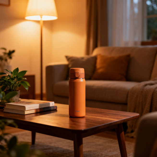 居家场景，暖色调的保温水杯放在客厅的茶几上，旁边有书籍和绿植，背景是温馨的沙发和落地灯，突出展示保温水杯的居家温馨感预览效果