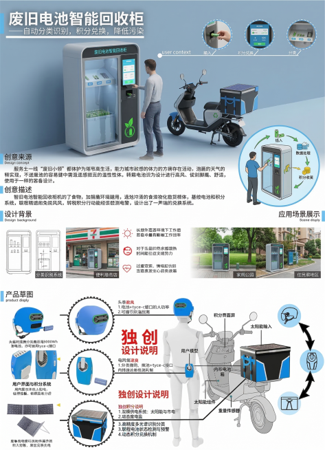 仿照参考版式设计创意海报，主题为废旧电池智能回收柜。海报顶部放置大标题："废旧电池智能回收柜"，副标题标注：自动分类识别，积分兑换，降低污染。整体保持参考图的蓝灰色调排版，包含作品名称、创意来源、创意预览效果