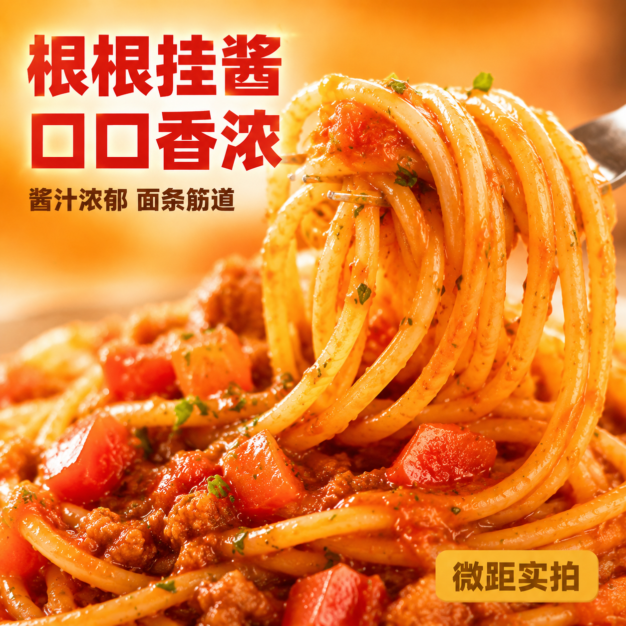 保留图片中番茄肉酱意面的食品主体完全不变 只做局部放大和添加文… - 图片创意预览