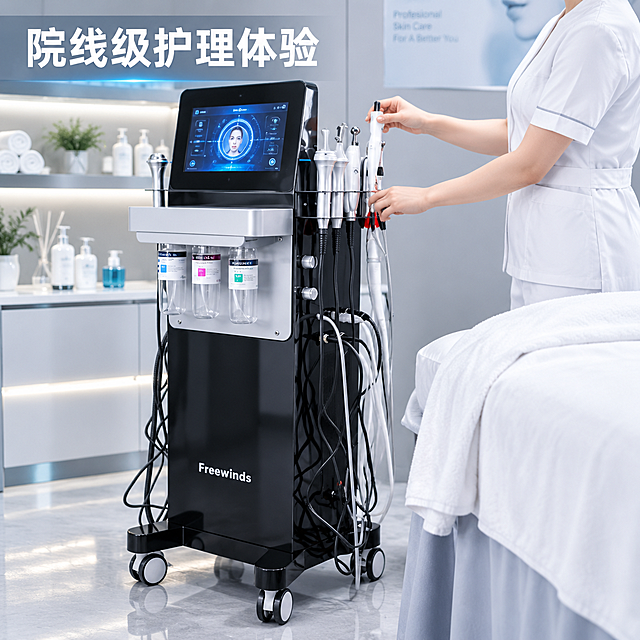[主图-4] 真实使用场景，展示皮肤管理综合仪在美容院护理室中的真实使用场景，体现院线级专业感。
[统一基调] 科技医美风，真实美容室场景，冷调柔和光线，主标题白色粗体无衬线字，辅助字浅灰色，强调色科技蓝，整体干净专业温馨。
[画面] 现代简约风格的美容护理室场景，产品放置在护理床旁的操作位上，机身正面朝向画面左前方，约占画面40%。右侧可见部分护理床和白色干净的床单，背景是浅灰色墙面和简约置物架，上面摆放少量护肤品。一只穿着白色工作服的美容师手正从挂架上取下一个探头手柄，手部动作自然。产品屏幕亮着蓝光，周围环境光线柔和明亮，整体氛围干净专业。地面有产品的真实投影阴影。
[光影质感] 真实室内摄影质感，柔和的顶部冷白光，产品在环境光下自然融入场景，黑色机身有环境反射，屏幕发光自然，手部皮肤质感真实，整体光线均匀不刺眼。
[配色] 场景主色调为白色、浅灰、淡蓝，产品黑色机身形成视觉重心，美容师服装白色，床单白色，整体干净明亮的医美空间感。
[文字版式] 画面左上角主标题「院线级护理体验」，白色粗体大字，带轻微深色底衬确保可读性。文字不遮挡产品和人物手部。
[输出要求] 1:1正方形2048px，场景真实自然，产品融入感强无悬浮，手部动作自然，画面干净专业。禁止产品变形、手部畸形、场景杂乱、产品边缘硬切、悬浮感。