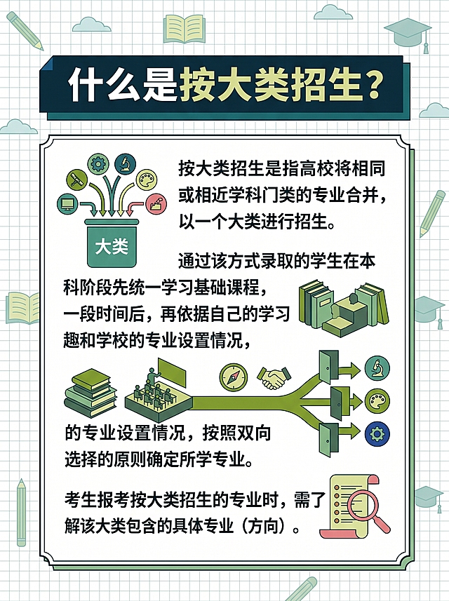 根据图中的文字内容，不生成序列号，生成一张3:4比例的图文插图，添加简约高考相关装饰插画，完整保留所有文字信息，不可更改任何文字内容。标题为"什么是按大类招生?"，正文为"按大类招生是指高校将相同或相近学科门类的专业合并，以一个大类进行招生。通过该方式录取的学生在本科阶段先统一学习基础课程，一段时间后，再依据自己的学习兴趣和学校的专业设置情况，按照双向选择的原则确定所学专业。考生报考按大类招生的专业时，需了解该大类包含的具体专业（方向）。"。整体风格有网感和专业感，图片不能是纯文字，以文字为主，插画仅作为装饰辅助，主要突出文字内容。整张图中只能使用这几种指定颜色：#8FC07C、#DEE693、#0A2736、#18656A、#45997E、#93C9C4、#436651、#7EA12A、#1C4094、#EC848C，不允许使用其他颜色。
