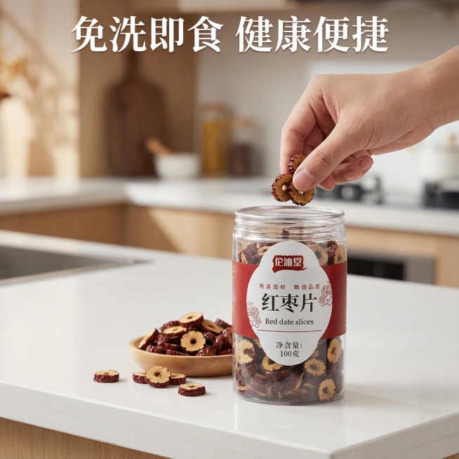 图一中这款产品是红枣片，我在拼多多卖这款产品，请帮我设计10张电商主图，这款产品的克重是100g
文案要求:红枣圈 酥脆香甜 片大肉厚 泡水煲汤 早香四溢 新鲜无核 干净无杂 免洗预览效果