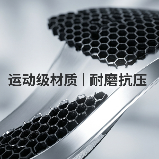 主图4：微距特写鞋垫蜂窝纹理与石墨烯层反光质感，表面细节清晰可见（银色中层金属光泽+黑色蜂窝凹槽）；背景为浅灰柔光实验室风；左下角悬浮‘运动级材质｜耐磨抗压’（无底框，深灰粗体）；产品居中，全屏无边框预览效果