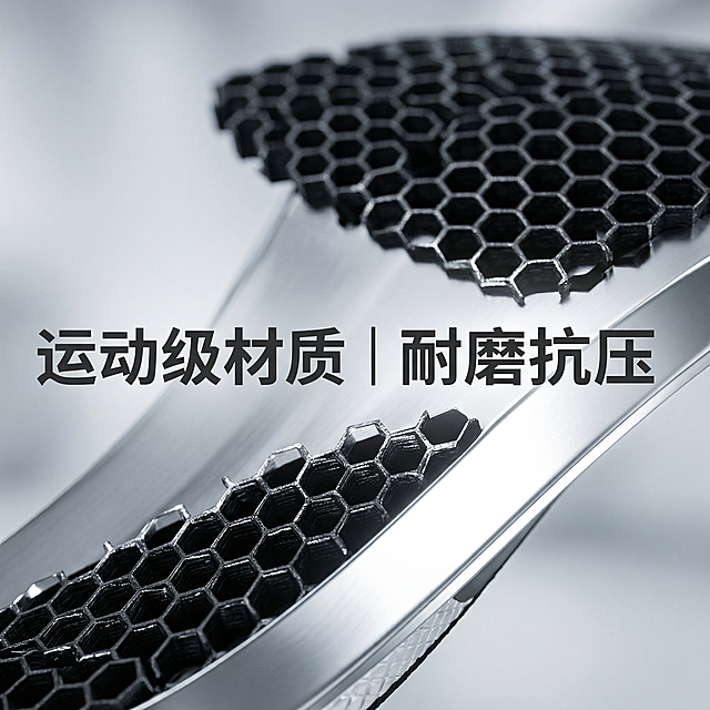 主图4：微距特写鞋垫蜂窝纹理与石墨烯层反光质感，表面细节清晰可见（银色中层金属光泽+黑色蜂窝凹槽）；背景为浅灰柔光实验室风；左下角悬浮‘运动级材质｜耐磨抗压’（无底框，深灰粗体）；产品居中，全屏无边框；1:1比例, 2k分辨率