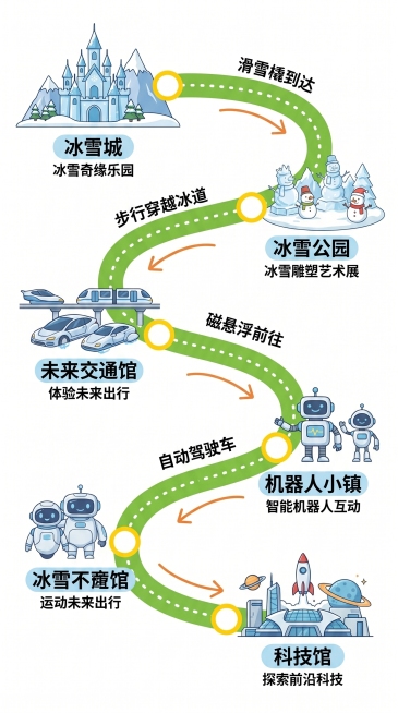 参考这个苏州一日游路线图的风格，生成一张从冰雪城到科技馆的路线图，要求纯白色背景，保持和示例一样的排版样式：弯曲路线连接站点，每个站点标注名称和介绍，保持清新扁平化插画风格预览效果