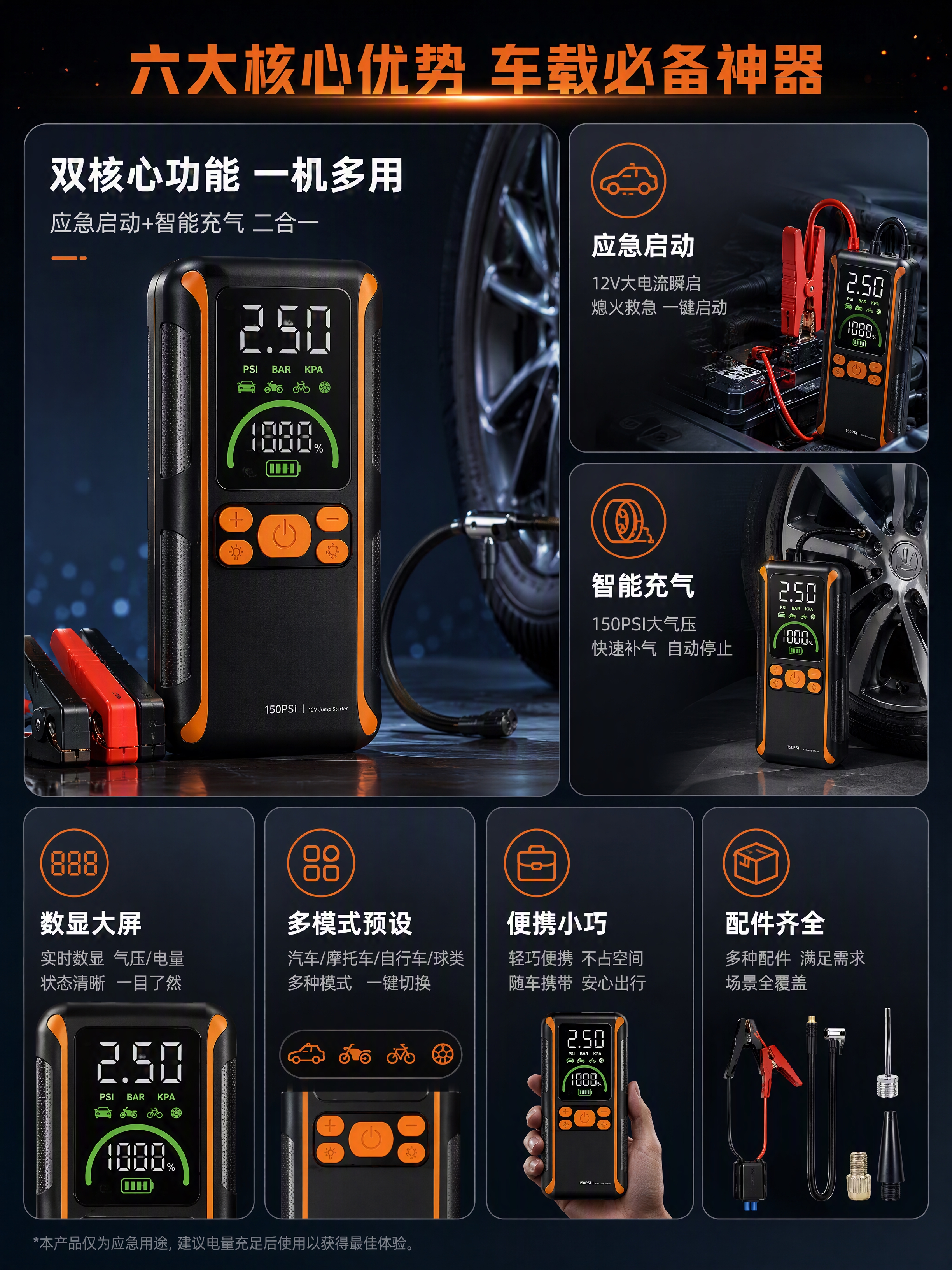 [商品] 使用【图1】车载应急启动电源充气泵一体机主机；保留黑… - 图片创意预览
