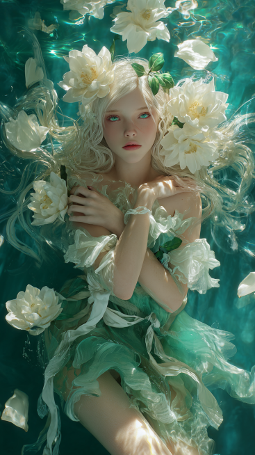 A beautiful ethereal girl with long flowing white hair adorned with white gardenia flowers and green预览效果