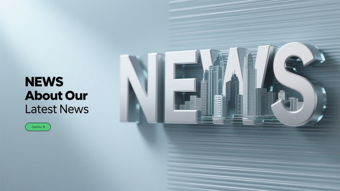 3D立体文字设计，巨大的"NEWS"字母占据画面右侧，字母内部嵌入城市建筑剪影，整体呈现银灰色金属质感与透明玻璃的结合，左侧有较小的"NEWS About Our Latest News"黑色文字和绿色按钮，背景为渐变的浅蓝灰色调，带有水平拉丝纹理，光线从左上角柔和照射，形成轻微的阴影和高光效果，营造出现代、专业、简洁的新闻资讯氛围，适合作为新闻场景的背景素材使用。预览效果