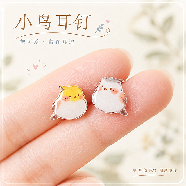 [主图-3] 细节展示 原创手绘设计 小鸟造型细节特写 突出萌系可爱感
[统一基调] 整体风格清新治愈日系手绘风 背景主色奶油白浅米色 标题字色暖棕褐色 辅助字色浅灰蓝 强调色蜜桃粉 字体为文艺纤细宋体 字号层级分明 卡片边框为极细浅棕线条 整体温柔精致
[画面] 微距特写视角 展示小鸟耳钉的面部细节 圆滚滚的身体 粉嫩的腮红 呆萌的小眼睛和小嘴 羽毛纹理的手绘质感 滴胶表面的通透光泽 两只小鸟耳钉并排 一黄一白 放置在指尖上展示大小比例 手指为白皙纤细的女性手指 指甲干净自然 主体占画面约60% 背景虚化 奶油白色调 带有模糊的植物叶片纹理
[光影质感] 柔和微距光线 清晰展现滴胶表面的光滑质感和手绘线条的细腻感 小鸟腮红颜色自然过渡 边缘圆润无毛刺 指尖皮肤质感真实
[配色] 奶油白背景 黄色和灰白色小鸟 蜜桃粉腮红 肤色手指 暖棕文字 整体温柔可爱
[文字版式] 画面右下角小字标注 "原创手绘 萌系设计" 暖棕色 字号较小 不遮挡主体 文字简洁
[输出要求] 1:1正方形 2048x2048像素 细节清晰 小鸟造型可爱 质感真实 文字清晰 无变形 无错字 无模糊 无水印 无平台Logo