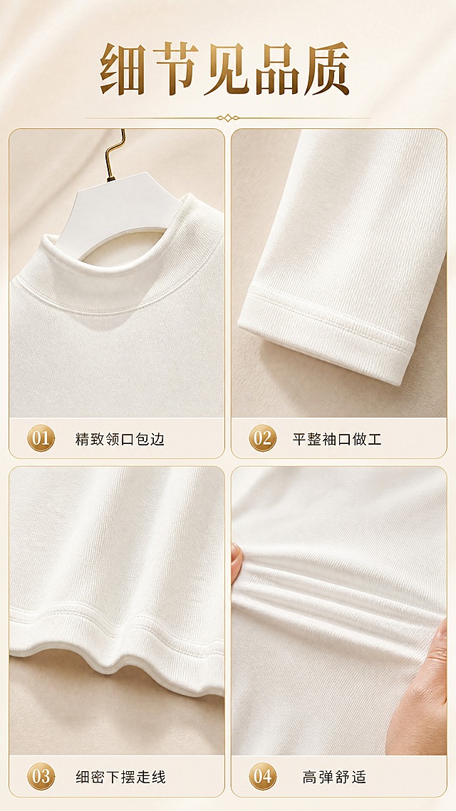 [商品] 使用【图1】白色半高领长袖打底衫；商品处理：保留半高领设计、长袖版型、细坑条针织面料、白色颜色、领口缝线、袖口细节、下摆做工；自然去除褶皱，重点增强缝线、领口包边、袖口等细节质感，不改变版型。展示局部细节特写。
[画面] 细节品质展示页，目标彰显工艺与品质感。竖版构图，采用2x2宫格或上下布局展示四处细节：①领口缝线包边 ②袖口平整做工 ③下摆细密走线 ④面料弹力展示。背景为浅米色+柔和光影，搭配金色细线分割。
[视觉] 套系策略：风格=高级轻奢通勤商业摄影风；标题字=优雅衬线粗体；正文字=简洁无衬线体；主色=浅米色；背景延展=基于浅米色做深浅层级、同色渐变和细腻织物/墙面肌理质感；强调色=金色，仅用于小面积图标、引线、装饰线条和标签；标题色=深棕金色渐变；正文色=深暖灰；组件=金色细线、圆角浅底信息卡；光影=右前侧暖柔光，柔和自然阴影。
[文字] 顶部主标题「细节见品质」，下方每个细节图配短标签：「精致领口包边」「平整袖口做工」「细密下摆走线」「高弹舒适」。所有文字横排，层级清晰，手机端可读。
[规格] 图片比例9:16竖版，分辨率4K，负向提示：避免变形、错字、文字过小、冷蓝背景、衣服颜色改变、版型失真、低俗暴露、绝对化用语。