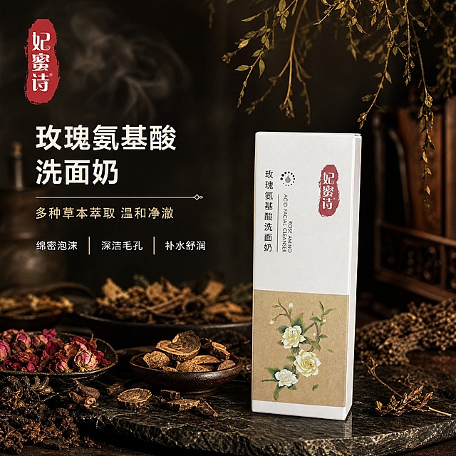 [主图-1] 首图品牌调性，突出妃蜜诗玫瑰氨基酸洗面奶的草本植萃中药质感与专业品质。
[统一基调] 整体风格为东方草本中药美学，背景主色为深褐偏黑的中药草本色调，搭配米白、暗金点缀；标题字色为米白色，辅助字色为浅金色，强调色为暗朱砂红；字体为干净的非衬线体，字号层级分明；卡片与边框采用细金线、草本纹理底纹，整体高级沉稳。
[画面] 产品包装盒居中偏右放置，占画面约55%，正面朝向观众略侧30度，完整展示妃蜜诗品牌标识与玫瑰花卉图案。左侧及背景融入晒干后的深褐偏黑色草本植物原料，包括干玫瑰花蕾、干草本枝叶、深色中药材切片，自然散落于深色石质台面上，部分草本枝叶从画面上方垂落。背景为深褐至黑色渐变的朦胧中药草本氛围，有轻微烟雾缭绕感，营造古法草本萃取的专业意境。左上角放置妃蜜诗品牌Logo同款印章样式。
[光影质感] 商业摄影质感，柔和侧上方主光，产品表面有细腻光泽，包装盒边缘清晰，草本干料有自然纹理与阴影，台面有柔和接触倒影，整体沉稳高级不暗沉。
[配色] 深褐偏黑中药色为主背景，米白文字，暗金点缀，暗朱砂红品牌色，整体统一沉稳。
[文字版式] 左上角品牌印章Logo。右侧上方大标题"玫瑰氨基酸洗面奶"，米白色粗体大字；下方副标题"多种草本萃取 温和净澈"，浅金色小字；再下方三行小卖点"绵密泡沫 深洁毛孔 补水舒润"，米白色小号字。文字均放在负空间，不遮挡产品主体。
[输出要求] 比例1:1，文字清晰可读，产品清晰不变形，无生产厂家信息，无水印，无平台Logo，无多余杂物，无错字。