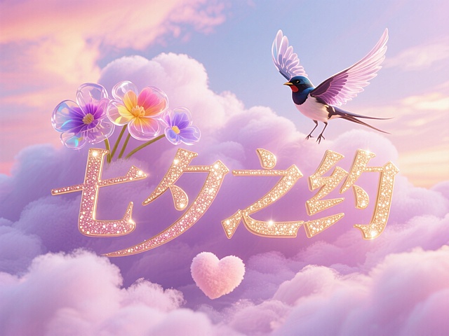 画面中，粉紫云朵如棉絮般舒展，闪着金光的 “七夕之约” 字样醒目，还有透明花、飞鸟与爱心点缀，营造出浪漫梦幻的七夕氛围，似在邀约共赴美好时刻。