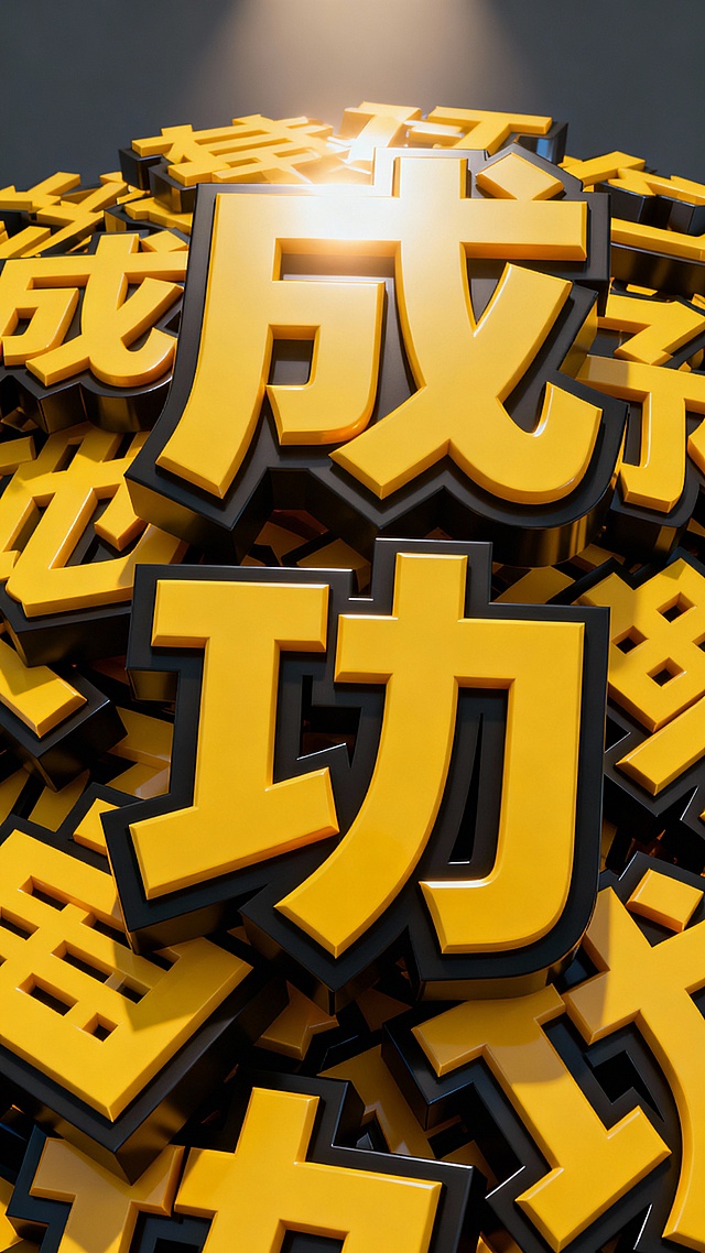 3D渲染风格，纯色背景，大量堆叠的立体文字，文字为“成功”，黄色字体，黑色立体边框，字体粗壮有厚重感，边缘锐利，具有强烈的浮雕效果，文字相互交错重叠，形成密集的视觉冲击，光影从上方照射，文字顶部有明亮高光，底部有深色阴影，整体呈现出鲜明的立体感和层次感，色彩对比强烈，视觉焦点突出，传达出积极向上、充满力量的氛围。