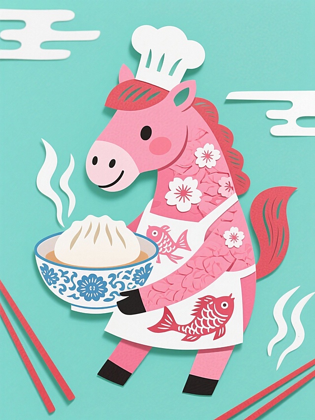 主体是一只圆润可爱的卡通马角色。 马身通体呈现粉嫩的桃红色，身上上分布着桃花瓣纹理。马戴着一个白色的厨师高帽。围着一条印着锦鲤图案的围裙。马的两只前蹄捧着一只巨大的青花瓷碗，碗里盛着一颗硕大且冒着热气的白胖饺子。背景是清新的薄荷绿纯色底，营造出舒适的氛围。画面四周漂浮着几缕白色的热气蒸汽和几双红色的筷子装饰元素。
