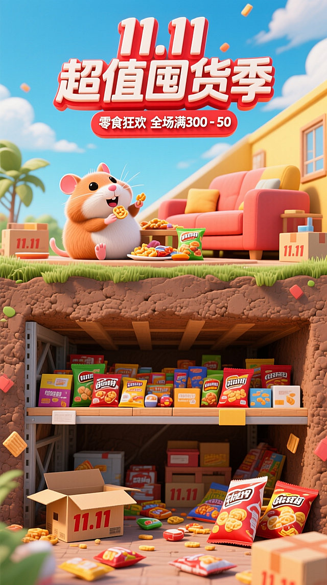 3D卡通风格，上半部分天空上站画面2/3，带有红色设计的3D主标题“11.11 超值囤货季”和副标“零食狂欢 全场满300-50”。一只拟人的仓鼠躺在顶层的客厅里吃零食，下半部分是土层分割的地下仓库的2层横截面：展示了地下里满是零食商品，最下面一层底下散落着拆开的快递盒（印着“11.11” 字样）和零食袋
