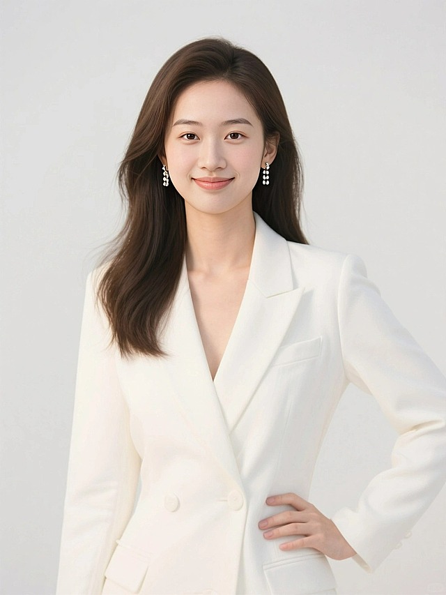 一个女生，背景暖白色，白色收腰西装，披发，耳环，一个手臂自然垂放，另外一只手放在腰上，暖光