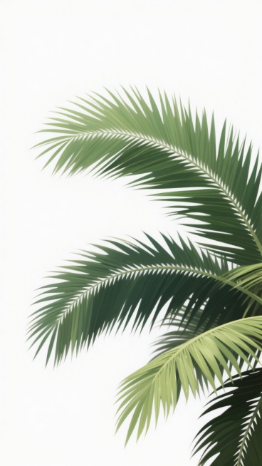 高分辨率数字插画风格，以写实手法描绘的绿色棕榈叶，叶片呈现自然舒展的姿态，边缘清晰，叶脉纹理细腻可见，叶尖略带锐利感，整体色调为深浅不一的绿色，从叶片基部的深绿过渡到叶尖的嫩绿，带有轻微的光泽感和立体感。画面右侧和下方分布棕榈枝叶，左侧及上方为大面积纯白色留白，留白占比约70%，形成简洁、清新、通透的视觉效果，整体构图遵循不对称平衡原则，突出自然元素的生机与留白的简约氛围。预览效果