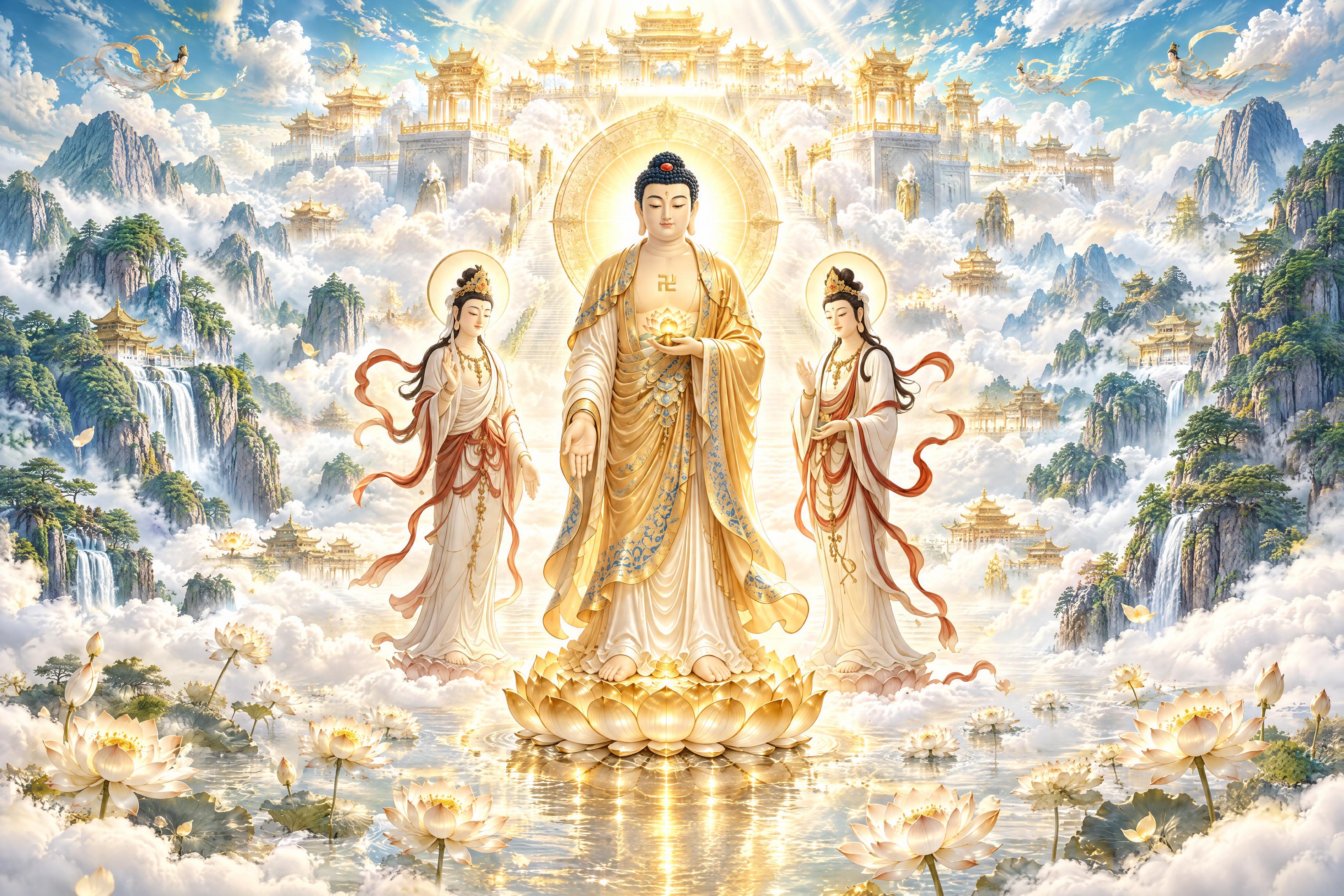 保留第一张图中央的主佛和两侧观音菩萨的形象、姿态、服饰、法器与… - 图片创意预览