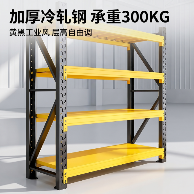 [主图-1] 黄黑工业风仓库货架首图
[氛围风格] 硬核工业仓储风，突出厚重质感
[画质] 商业摄影质感，产品清晰真实，画面干净高级，超高清
[元素] 黄黑配色工业货架主体居中展示，保持货架外观（物理预览效果