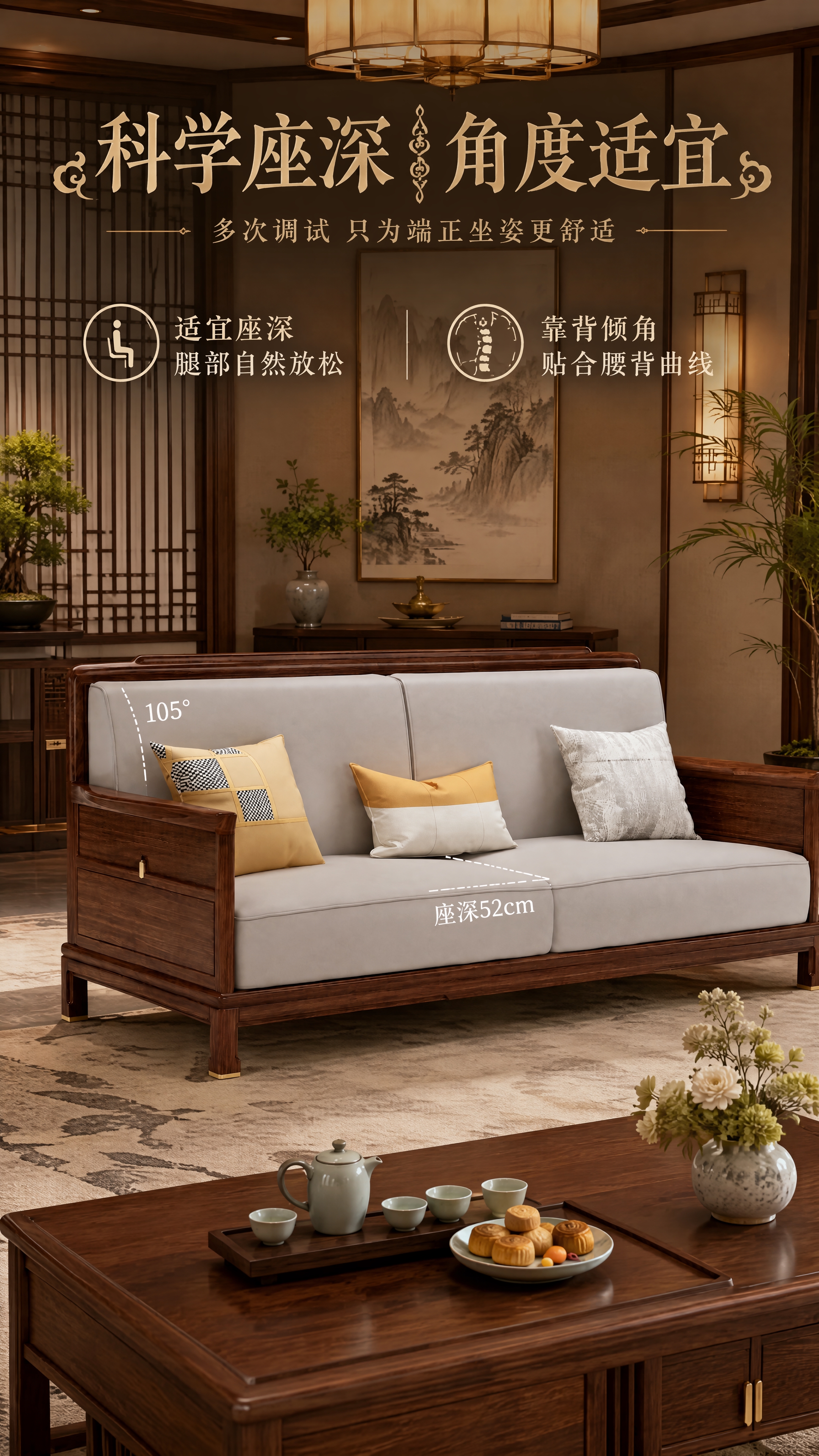 第3张 座深与靠背角度调试卖点页-端正坐姿用餐聊天场景。本张使… - 图片创意预览