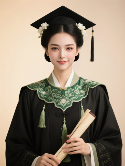 正面照，黑色古风低垂发髻，穿戴学士服学士帽，戴绿色刺绣流苏云肩，学士帽两边都簪了白色的花，手上拿了一个卷轴，半身照，背景浅色质感，暖光预览效果