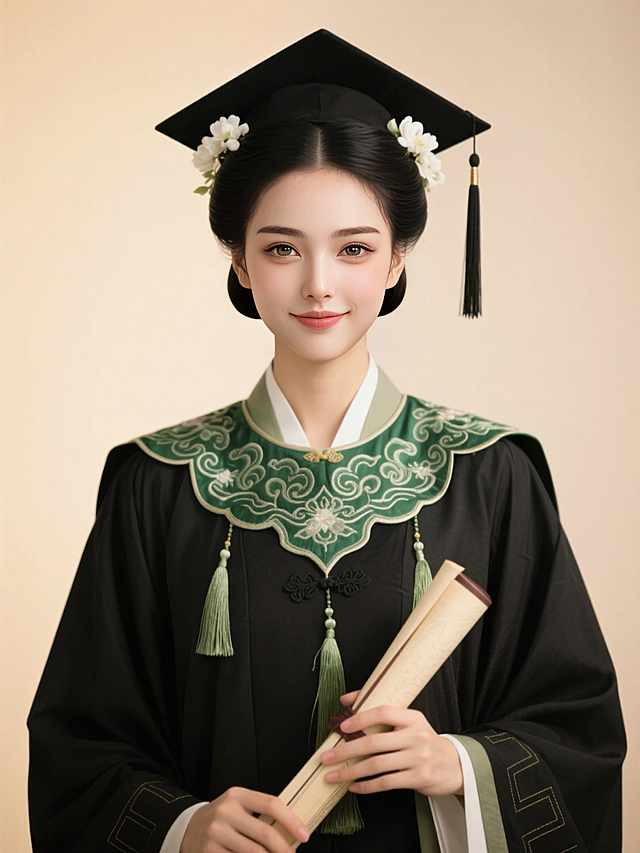 正面照，黑色古风低垂发髻，穿戴学士服学士帽，戴绿色刺绣流苏云肩，学士帽两边都簪了白色的花，手上拿了一个卷轴，半身照，背景浅色质感，暖光