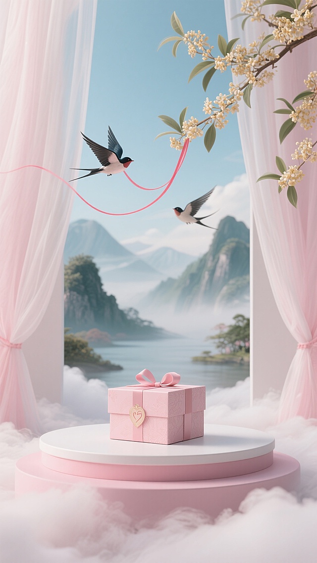 3D半写实粉白展台，轻纱山水背景，飞鸟衔红线绕桂花，七夕限定礼盒置于云雾台