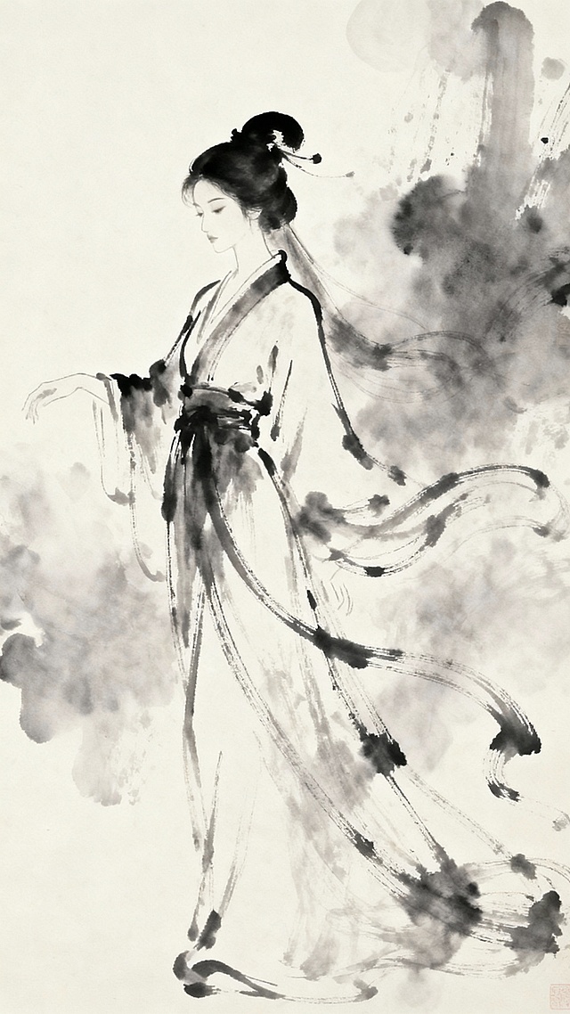 图片为水墨勾勒人物轮廓古装风格，唯美