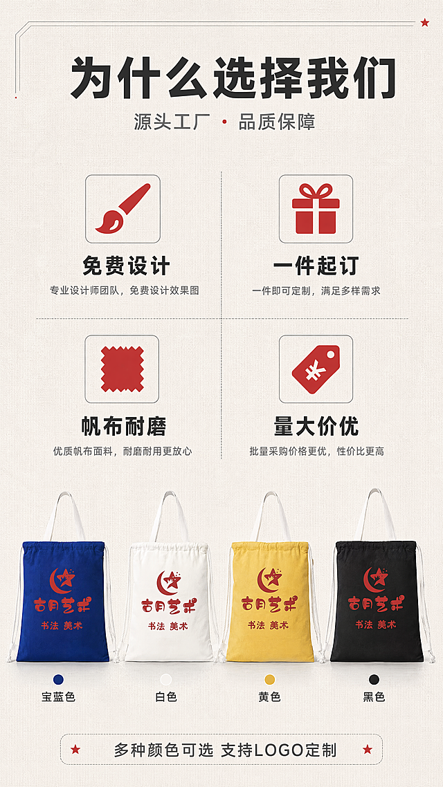 [第2张] 详情页核心卖点页-定制帆布束口袋四大优势展示。本张使用【图1】作为产品参考，展示黄/蓝/白/黑四款颜色的帆布束口袋矩阵。
[氛围/风格] 简约现代工业风，干净利落，商业海报质感，信息清晰易读。
[元素布局] 画面上半部分为四大卖点图标区，呈2×2宫格排列；下半部分为四款颜色束口袋平铺展示，从左到右依次为蓝色、白色、黄色、黑色，每款正面展示，占比约40%；背景为浅米色纹理底，点缀细线条装饰。
[光影质感] 顶部均匀柔光，每款包下方有柔和自然投影，整体明亮干净，帆布材质质感突出。
[配色色系] 全局底色 #FAF8F5（浅米白）；主色深灰文字；辅助色四款包各自颜色（黄/蓝/白/黑）、红色图标点缀。
[视角构图] 正面俯视平铺，阅读动线从上到下：标题 → 四大卖点 → 多色产品展示。
[文字版式] 顶部主标题「为什么选择我们」，粗黑体居中；副标题「源头工厂 · 品质保障」，小号字；四大卖点分别配图标：1.「免费设计」配画笔图标，2.「一件起订」配礼盒图标，3.「帆布耐磨」配布料图标，4.「量大价优」配价格标签图标；每个卖点配1行简短说明文字；底部四款颜色标注色号名称。
[比例分辨率] 9:16 竖版比例，4K分辨率，文字清晰可辨，高清画质。
[负向提示词] 产品变形，颜色错乱，文字模糊，水印，缺件错件，背景杂乱，卖点图标不清晰。