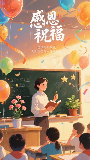教师形象（手持书本/粉笔）、教育元素（黑板板书、绿植盆栽、五角星）、温馨色调（暖黄/橙色渐变）、节日氛围（气球、彩带、康乃馨）、文字排版（书法体标题+感恩祝福语），底下有学生在认真听讲。预览效果