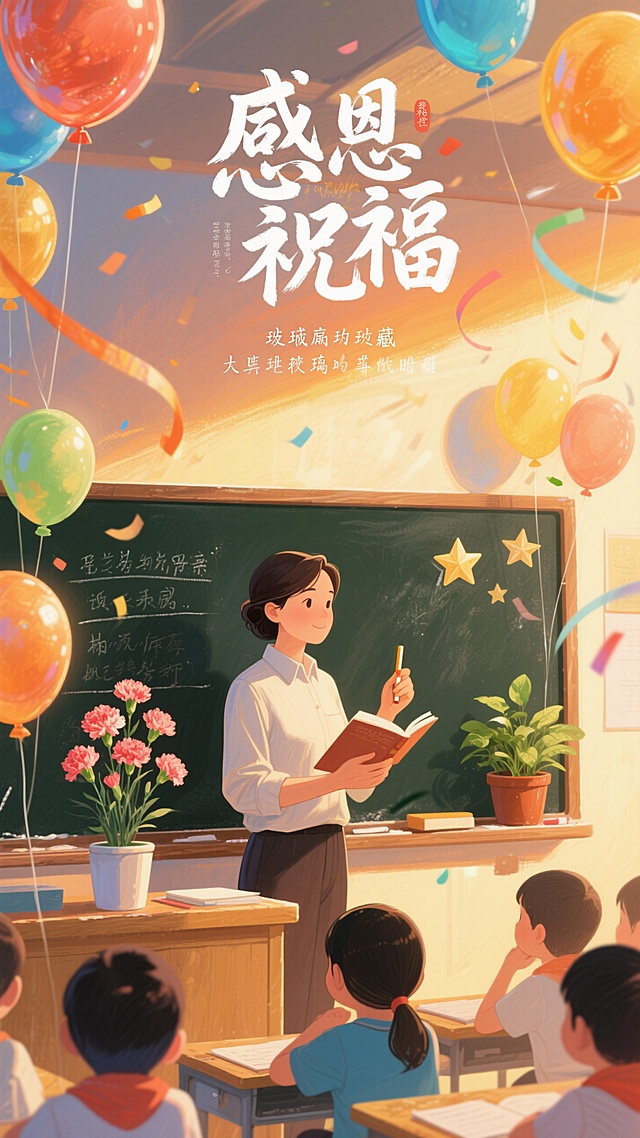 教师形象（手持书本/粉笔）、教育元素（黑板板书、绿植盆栽、五角星）、温馨色调（暖黄/橙色渐变）、节日氛围（气球、彩带、康乃馨）、文字排版（书法体标题+感恩祝福语），底下有学生在认真听讲。