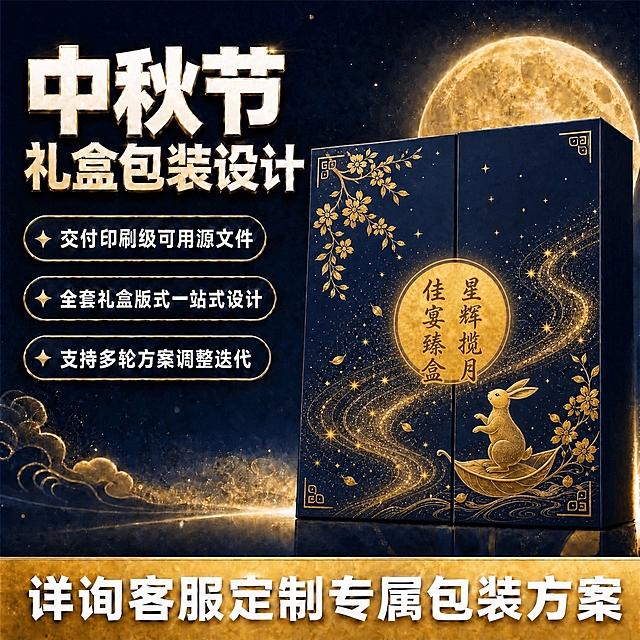 在礼盒包装正面的金色圆形月亮图案上，添加两行竖排或横排的金色书法字体文字“星辉揽月”和“佳宴臻盒”，文字风格与整体包装的国潮烫金质感保持一致，字体优雅协调，融入月亮纹理中，不破坏原有设计美感，其余画面元素保持不变