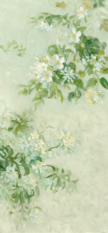 去除画面所有文字，将背景花卉替换为油画风格的茉莉，整体色调调整为淡绿色，保持画面协调预览效果