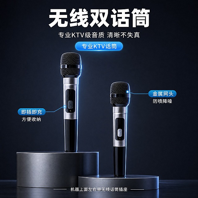 [主图-3] 产品证据/结构细节：无线双话筒专业品质特写。
[统一基调] 风格=现代简约科技家居风；背景主色=深灰蓝渐变（高级感）；标题字色=白色；辅助字色=浅灰；强调色=冰蓝色；字体=粗黑无衬线简体中文+简洁无衬线正文；组件=蓝色胶囊标签、细线引线。
[画面] 使用【图5】双无线话筒特写。1:1方形构图，两支话筒分别放置在高低不同的金属圆形展示台上，错落有致，一高一低形成视觉层次。深色背景，突出话筒质感和细节。左侧话筒正面展示按键和显示屏，右侧话筒稍低展示网头和机身细节。产品占画面约55%。
[光影质感] 商业摄影质感，侧逆光勾勒话筒金属轮廓，正面补光清晰展示网头纹理和按键细节，金属质感真实，反光自然，底部有柔和倒影。
[配色] 主色深灰蓝，强调色冰蓝色用于轮廓光和标签，标题白色，正文浅灰色。
[文字版式] 顶部主标题"无线双话筒"，副标题"专业KTV级音质 清晰不失真"，中间蓝色发光胶囊标签"专业KTV话筒"，下方用细线引线标注两个细节："金属网头 防喷降噪"、"即插即充 方便收纳"，底部补充"机器上面左右带无线话筒插座"。文字全部横排。
[输出要求] 1:1方形，2048x2048，2K，文字清晰可读，产品清晰不变形，无错字，无平台Logo，无水印，无竖排文字。