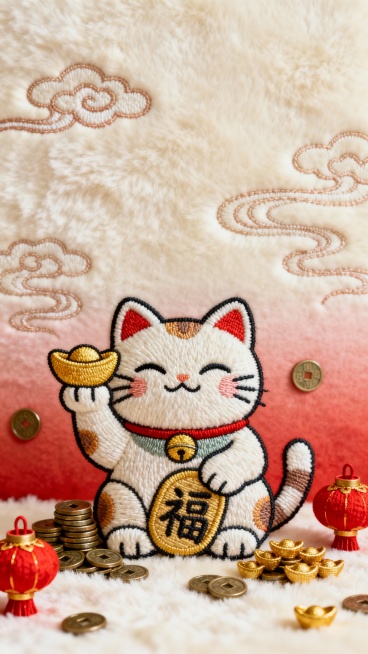 一幅以发财为主题的毛绒质感刺绣壁纸，整体采用米白色毛绒布料为背景，主题是呆萌坐姿招财猫，爪子举着金元宝，周围散落铜钱和小元宝堆；背景铺浅红渐变，点缀飘逸祥云纹；角落加 1-2 个迷你红灯笼，预览效果