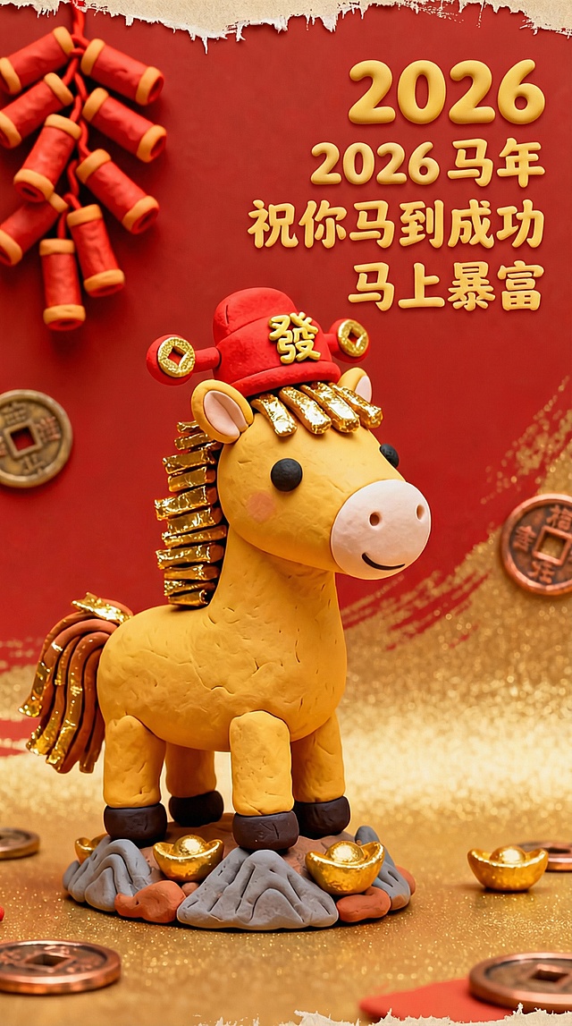 软3D粘土风马年贺图，国潮元素融合卡通可爱造型，喜庆红金配色，寓意马到成功、马上暴富，充满节日氛围。