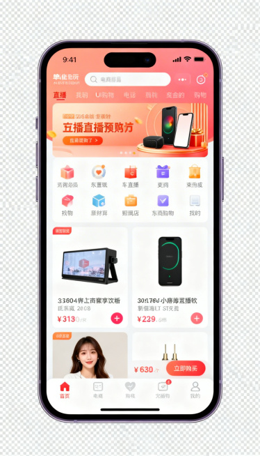 另一种风格竖版手机屏幕完整显示电商直播购物界面，不同的UI布局设计，PNG透明背景，仅保留手机和屏幕内容，无多余背景，界面清晰，现代UI设计预览效果