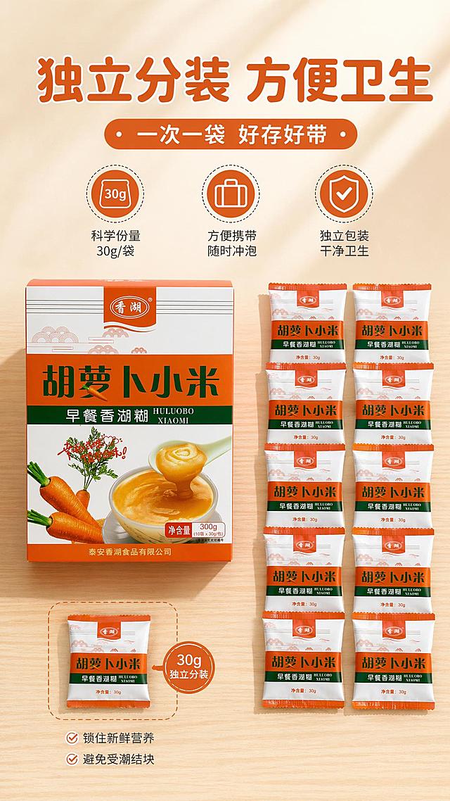 [第7屏] 包装细节屏-展示内外包装结构，香湖胡萝卜小米糊独立包装优势。本屏使用【图1】【图2】参考包装信息。
[氛围/风格] 清晰产品展示风格，真实直观，突出包装设计优势。
[元素布局] 左侧展示整盒产品外包装，右侧拆解展示独立小袋包装，每个独立小袋为30g独立分装，排列整齐；背景为浅木纹台面，简洁突出包装。
[光影质感] 均匀柔光，包装轮廓清晰，文字可辨，阴影柔和自然。
[配色色系] 全局底色 #f5efe0；主色包装橙白绿色；辅助色浅木色背景。
[视角构图] 左右布局，整体外包装+内部分装展示，清晰呈现包装结构，信息全面。
[文字版式] 顶部主标题「独立分装 方便卫生」，副标题「一次一袋 好存好带」，圆角字体，排版在上，不遮挡包装主体。
[比例分辨率] 9:16竖版比例，4K分辨率，文字清晰可辨，高清画质。
[负向提示词] 包装文字错乱，结构变形，分装大小不一，颜色偏差，水印