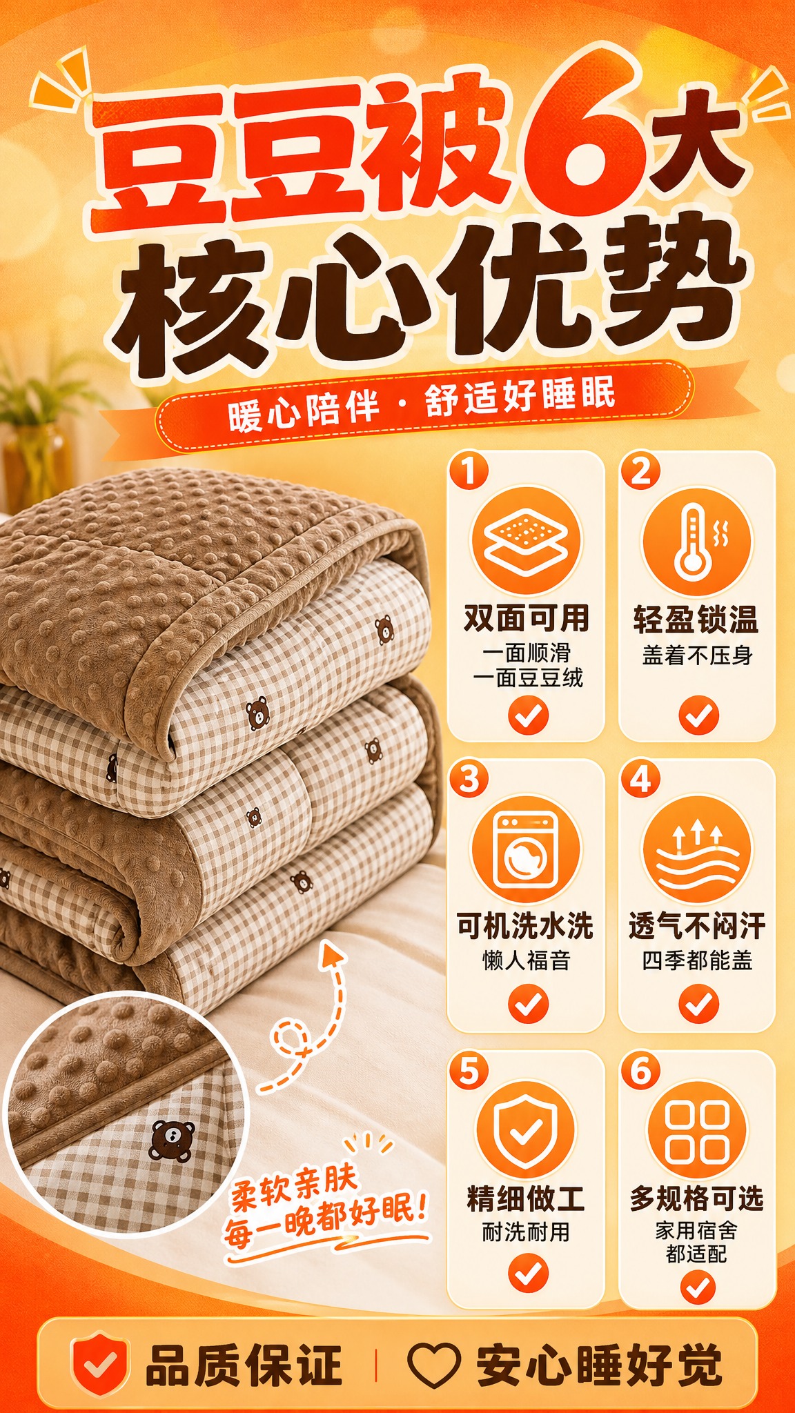 [商品] 使用【图9】咖色小熊格纹款豆豆被作为主展示；商品处理… - 图片创意预览