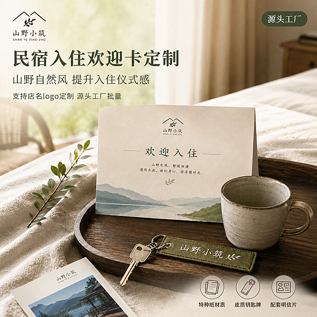 [主图-1] 山野小筑民宿入住欢迎卡套装空间氛围首图。
[氛围风格] 温馨自然山野民宿风 治愈暖调 商业摄影质感 高级材质透视。
[画质] 商业摄影质感 光线柔和通透 产品清晰真实 画面干净高级 细节锐利。
[元素] 画面中央偏下位置摆放深胡桃木圆形托盘 托盘上居中放置米白色特种纸折叠欢迎贺卡 贺卡正面印有山野小筑logo与欢迎入住字样 贺卡左侧斜放一枝新鲜绿叶小枝 贺卡右前方放置粗陶质感浅灰马克杯 托盘前缘横放金属钥匙与橄榄绿皮质刺绣钥匙牌 钥匙牌绣有山野小筑白色字样 托盘左下角露出一张民宿风景明信片一角 背景为浅米色亚麻床品 远处虚化可见藤编椅与米色靠枕 窗外绿意朦胧 白纱窗帘半透。保持欢迎贺卡 皮质钥匙牌 明信片外观 物理结构 材质质感 颜色与输入产品图完全一致 杜绝任何变形和色差 精细化处理 产品与托盘真实接触 有自然投影 无悬浮感 无硬切边缘。商品主体贺卡占比约60% 画面满屏无边框。左上角放置山野小筑品牌logo 保持原字形与配色。
[光影] 午后自然侧窗柔光 经白纱帘柔化 主光从左上方斜射 暖金色调 贺卡纸面有细腻纹理高光 陶瓷杯有柔和反光 木质托盘有自然明暗过渡 暗部有层次 光比舒适 无硬阴影 整体通透温暖。
[配色] 主色调米白 橄榄绿 胡桃木棕 辅色暖金 浅灰 整体低饱和自然色系。
[视角构图] 45度俯视视角 托盘与贺卡为视觉中心 前中后景分层清晰 背景虚化 景深中等 主体完整不裁切。
[文字版式] 左上负空间左对齐 三行主辅文案。大字主标题 民宿入住欢迎卡定制 深橄榄绿色最大号粗体宋体 第二行副标题 山野自然风 提升入住仪式感 字号约主标题一半 同色系略浅 第三行小字 支持店名logo定制 源头工厂批量 更小字号。右上角圆角小标签 源头工厂 白字橄榄绿底。底部右侧轻量三小图标加文字 特种纸材质 皮质钥匙牌 配套明信片 横向排列 图标在上文字在下 深棕色细线条图标。所有文字不遮挡产品主体。
[输出要求] 1:1比例 文字清晰锐利 超高清商业摄影质感。
[负向提示词] 变形 文字错乱 产品模糊 背景杂乱 水印 电商平台Logo 多余手指 手部扭曲 穿模。