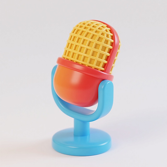 3D风格麦克风图标，白色背景，麦克风主体和底座采用鲜艳的橙红色渐变，金属网罩为亮黄色，支架为天蓝色，整体色彩明快活泼，具有光滑的塑料质感和柔和的高光，圆形底座稳固支撑，麦克风呈45度角倾斜，简洁的卡通化设计，无任何文字和装饰元素。