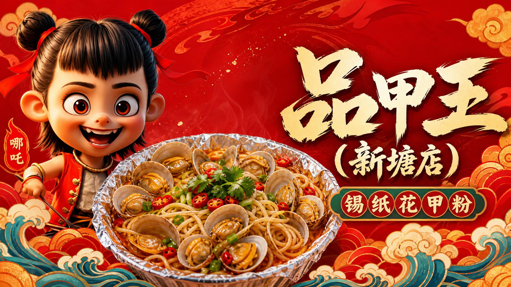餐饮店招横幅设计，左侧卡通Q版哪吒形象扎双丸子头系红丝带笑容灿… - 图片创意预览