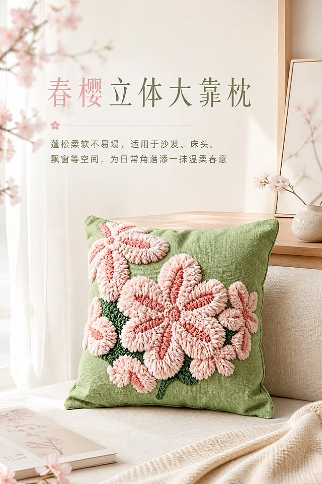淘宝电商详情页首屏，宽790像素，简约中式风，让春樱立体大靠枕产品和背景融合更自然，不修改产品本身，搭配文案"春樱立体大靠枕，蓬松柔软不易塌，适用于沙发、床头、飘窗等空间，为日常角落添一抹温柔春意"，保持排版简约留白，融合自然不突兀