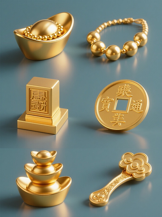 3D渲染风格的系列素材集合，整体采用高光泽度的金黄色金属质感，表面有细腻的光影反射和渐变效果，光源从左上方照射形成明显的高光和阴影层次，纯色背景，六个规整排布的不同传统财富元素：左侧上方为一个开口朝上的金元宝内放置金珠，右侧上方是一串由五颗圆形金珠组成的金项链，左侧中间为一个方形底座的金印，右侧中间是一枚刻有古钱币图案的圆形金牌，左侧下方是一个三层叠放的金元宝塔，右侧下方为一个带有祥云纹路的金如意，所有元素保持统一的3D立体造型、金属光泽和光影处理，呈2行3列规整排列，构图对称平衡，传达出富贵、吉祥的氛围。