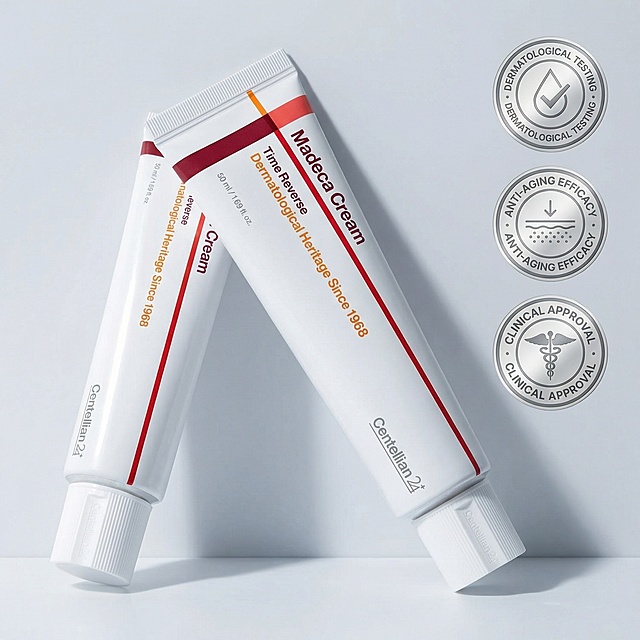 根据图中产品再结合一下提示词生成八张不一样的产品图- 专业院线风：产品置于浅灰色医美级背景上，管身倾斜45°，突出“Dermatological Heritage Since 1968”字样，冷调柔和光线，营造专业、安心的护肤氛围。右侧排列三枚认证徽章，整体构图简洁有力，突出医学护肤与抗衰修护卖点。       2. 氛围感场景图（社交种草+代入感）   - 夜间修护场景：Centellian24抗衰面霜放在木质床头柜上，旁边搭配同品牌精华、香薰蜡烛与暖黄小夜灯。手取面霜轻抹在手背，柔焦暖光营造治愈氛围，突出夜间抗衰修护的仪式感。背景点缀积雪草叶片（呼应成分），强化产品天然修护力。 - 极简ins风护肤台：白色软管面霜置于米白色大理石台面上，搭配透明玻璃杯与新鲜积雪草，自然光柔和洒落，整体色调干净柔和。管身红橙线条成为视觉亮点，突出产品温和抗衰、适合敏感肌的特点，画面松弛治愈。       3. 成分与质地图（放大核心卖点）   - 质地特写：白色软管挤出绵密乳霜质地，指尖推开后呈现水润光泽，柔光捕捉细腻肌理，背景为纯净浅灰。特写积雪草叶片与面霜同框，突出产品修护抗衰的核心成分，画面干净有说服力。 - 成分可视化：面霜质地特写，周围环绕半透明积雪草活性分子特效，冷光背景下凸显成分活性与修护力。软管包装一角入镜，强化品牌识别，适合突出科技抗衰的内容场景。
