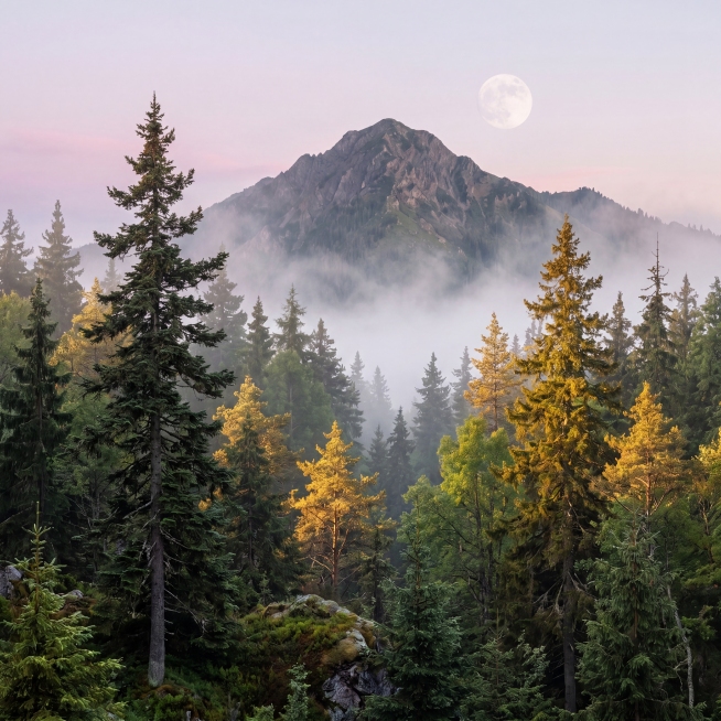 将这张水彩风格的山林景观转换为超写实的真实自然风景摄影作品，保留原画面的山峰、云雾、针叶林、金色晨辉的树木和空中的圆月元素，画面细节丰富，光影自然柔和，呈现出清晨薄雾笼罩的原始森林山脉的真实质感，高清预览效果