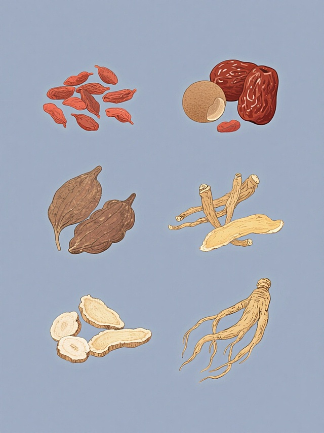 6个规整排布的养生食材素材，保持复古手绘插画风格，整体造型简约现代，以纯色为背景，无任何文字、logo和水印。每个素材中包含不同的养生食材，如枸杞、红枣、桂圆、党参、黄芪、当归等，食材采用细腻的线条勾勒和复古的色彩渲染，呈现出自然的质感和形态，整体画面和谐统一，具有浓厚的传统养生氛围。